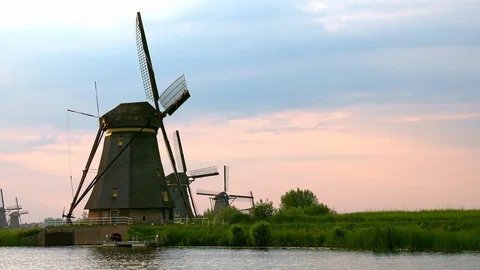 Rural scenery with old windmill. Knderdijk, Netherlands Stock Footage 99809207