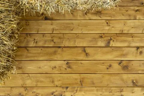 Rural simple pattern wooden deck wall textured background surface and straw  Stock Photos