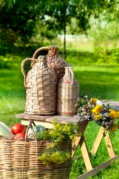 Rural still life with basket of vegetables Stock-Fotos