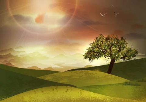 Rural Summer Landscape With Fields and Hills - Vector Illustration Stock Illustration