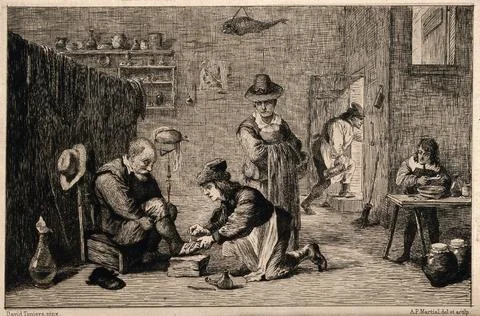 A rural surgeon treating an elderly man's foot, in the background an assist.. Stock Illustration
