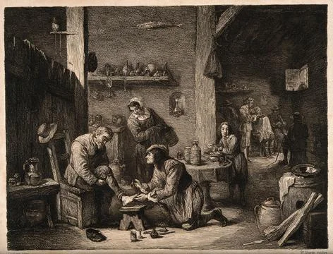 A rural surgeon treating an elderly man's foot, in the background an assist.. Stock Illustration