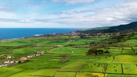 Rural Town Through Vast Patchwork Agricultural Fields On Terceira Island In The Video stock 334762048