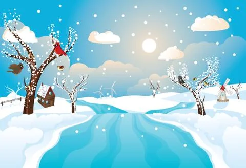 Rural Winter River Stock Illustration