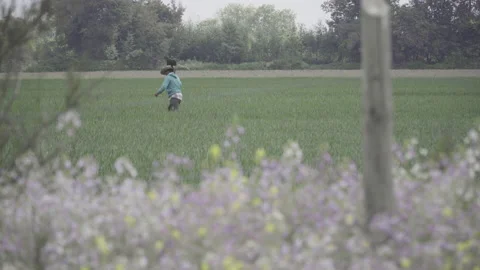Rural worker with large hat walking through plantation with shovel resting on hi Video stock 144115033