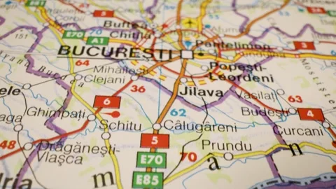 Ruse town to Bucharest gliding view over an atlas map Stock Footage 340106412
