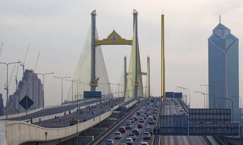 Rush hour and traffic jam on Rama 9 bridge on Rama 3 road Stock Photos