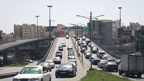 Rush hour car traffic at Abdali interchange in Amman, Jordan Stock Footage 111292091