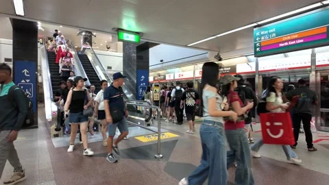 Rush hour in Dhoby Ghaut MRT Station in Singapore Stock Footage 341269253