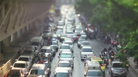 Rush hour heavy traffic shot with Tilt&amp;Shift lens, Sathon Tai Road, Bangkok Stock Footage 80304460