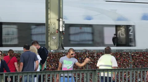 Rush Hour High Speed Crossing Hohenzollern Railway Bridge Cologne Crowd Passing Stock Footage 42998958
