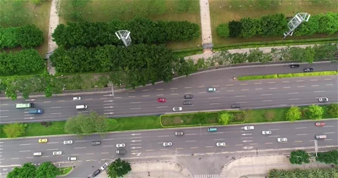 Rush hour on the road, from above. Rush hour on the road from a drone. People go Stock Footage 282248224
