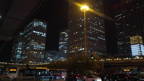Rush hour traffic after work in Guomao Business District in evening,Beijng,China Stock Footage 143170596