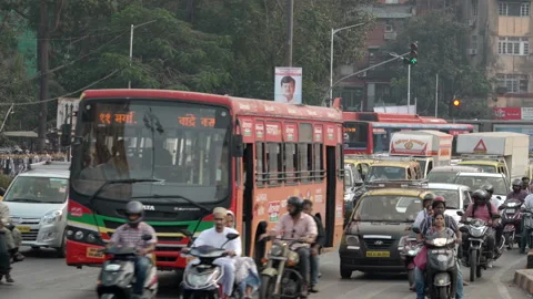 Rush Hour Traffic on the Busy Streets of South Mumbai, Maharashtra, India Stock Footage 253172921