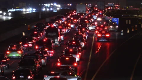 Rush hour traffic jam gridlock on highway at night near Toronto Stock Footage 144453111