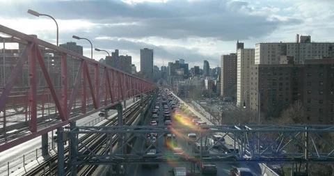 Rush Hour Traffic Jam New York City with Lens Flare from Sunlight Daytime Stock Footage 88370158