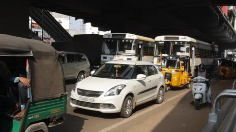 Rush-hour-traffic-LB-Nagar-Metro-Station-India Stock Footage 97440924