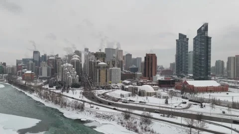 Rush hour traffic leaving winter downtown centre aerial cinematic shot Stock Footage 297431516