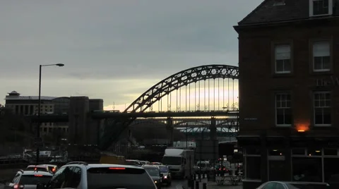 Rush hour traffic queueing at traffic lights on Newcastle Quayside. Stock Footage 1101609