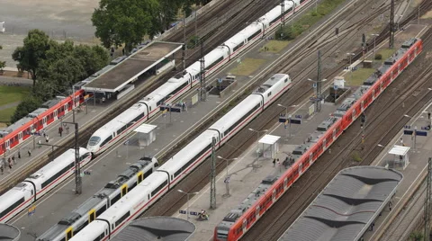 Rush Hour Train Passing Movement Traffic Jam Railway Station Aerial View Cologne Video stock 42997003