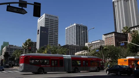 Rush Hour View of Downtown Los Angeles with LA Bus Commuters in California USA Video stock 23203128