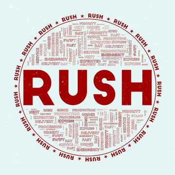 Rush - round badge. Text rush with keywords word clouds and circular text. .. Stock Illustration