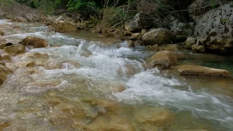 Rushing bubbling water of a mountain river. Video stock 81458645