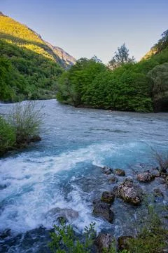 Rushing flow of a mountain river through the valley in springtime. Stock Photos