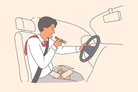 Rushing man driver eats noodles and drives car at same time, due to strict Illustrazione stock