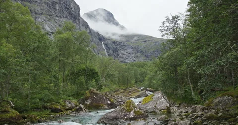 Rushing mountain river flowing through norwegian forest landscape Видео 326354594