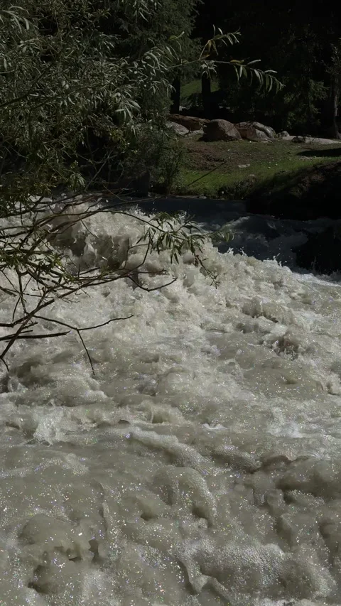 Rushing mountain river in Jeti-Oguz gorge, 4K vertical Stock Footage 342029736