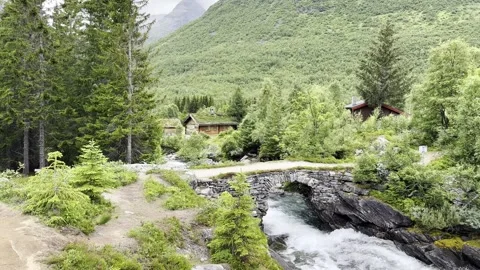 Rushing mountain river under stone bridge norway 스톡 동영상 340238161