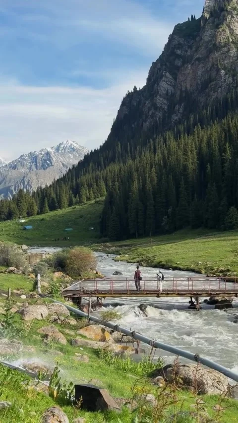 Rushing Mountain Stream and Pedestrian Bridge Stock Footage 340869796