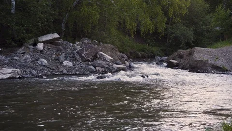 Rushing mountain stream of water flows into the river Stock Footage 111570447