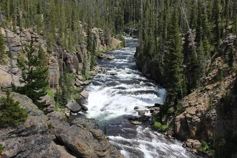 Rushing river flows through rocky canyon surrounded by lush greenery in a s.. Stock Photos