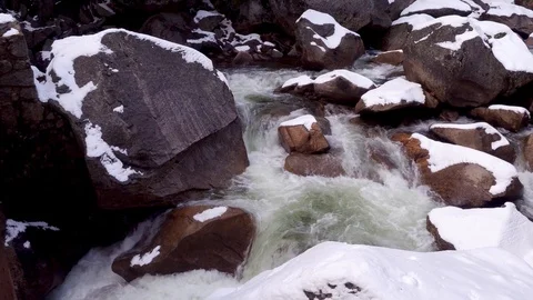 Rushing River Running Under Snowy Bridge 스톡 동영상 87853682