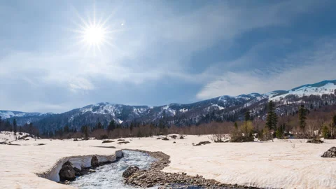 Rushing river through a winter snowbound plains Video stock 329178964