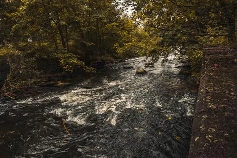 Rushing streams of a small river flow through natural obstacles Stock Photos