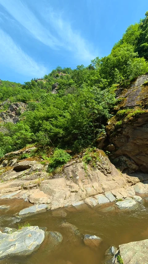 Rushing water flows over smooth river stones. Vucjanka Canyon, Serbia. Vertical Stock Footage 341130740