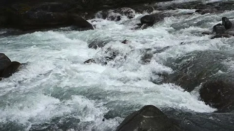 Rushing water in rapids rolling over rounded rocks and boulders Stock Footage 222019723