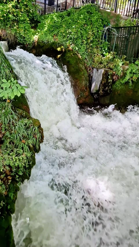 Rushing Waterfall Stream Flowing Over Mossy Rocks in Park 스톡 동영상 325217732