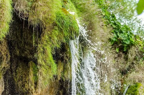 Rushing Waters Flowing with High Speed from a Waterfall in Plitvice Lakes Stock Photos
