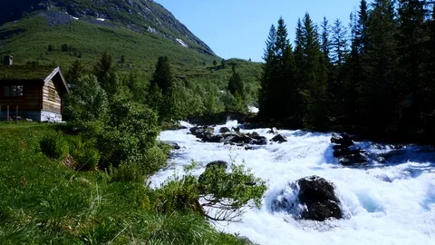 Rushing white water flowing rapidly from snow melting on the mountain. Stock Footage 118321353