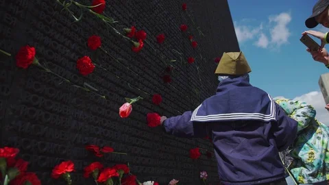 Russia, 9th May 2017: Boy in forage-cap lays carnations to memory wall Stock Footage 77220868