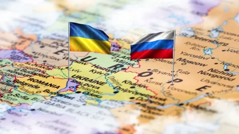 Russia and Ukraine Flags on the Map of Europe Stock Footage 213033575