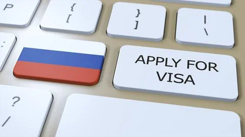 Russia, Apply for Visa Concept. Button Push 3D Illustration. Visa Apply for Stock Illustration