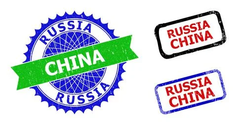 RUSSIA CHINA Rosette and Rectangle Bicolor Stamps with Rubber Textures Stock Illustration