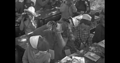 Russia - circa 1970s: Practical observation lesson with binoculars Stock Footage 333130085
