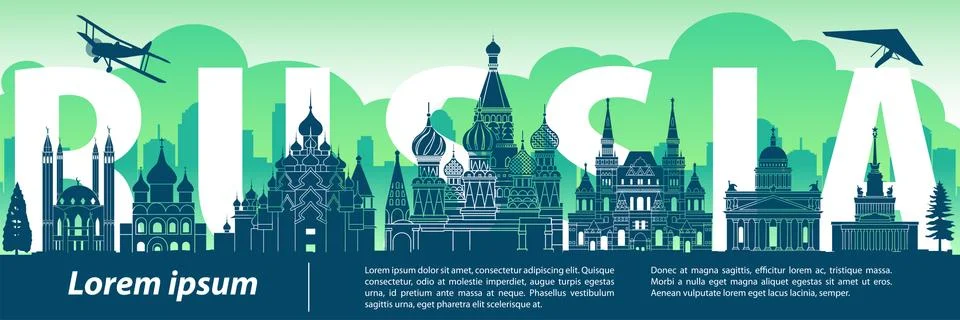 Russia famous landmark silhouette style,text within,travel and tourism,blue a Stock Illustration