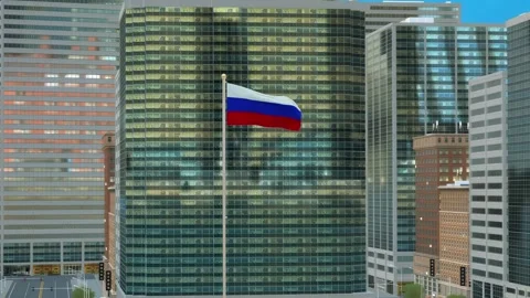 Russia Flag 3D Render Animation on Pole with Modern Business District Buildi Stock-Footage 332882605